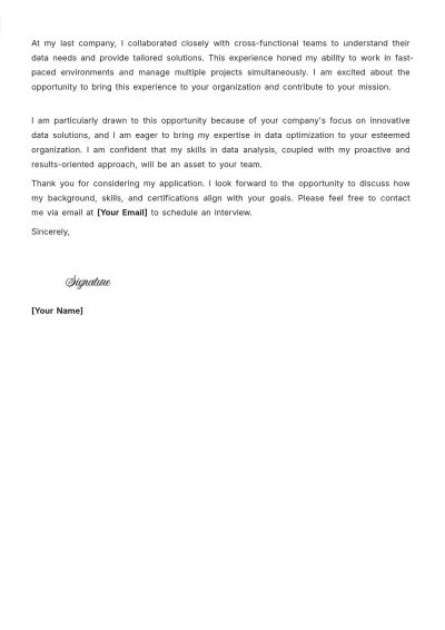 Free Data Optimization Analyst Cover Letter to Edit Online