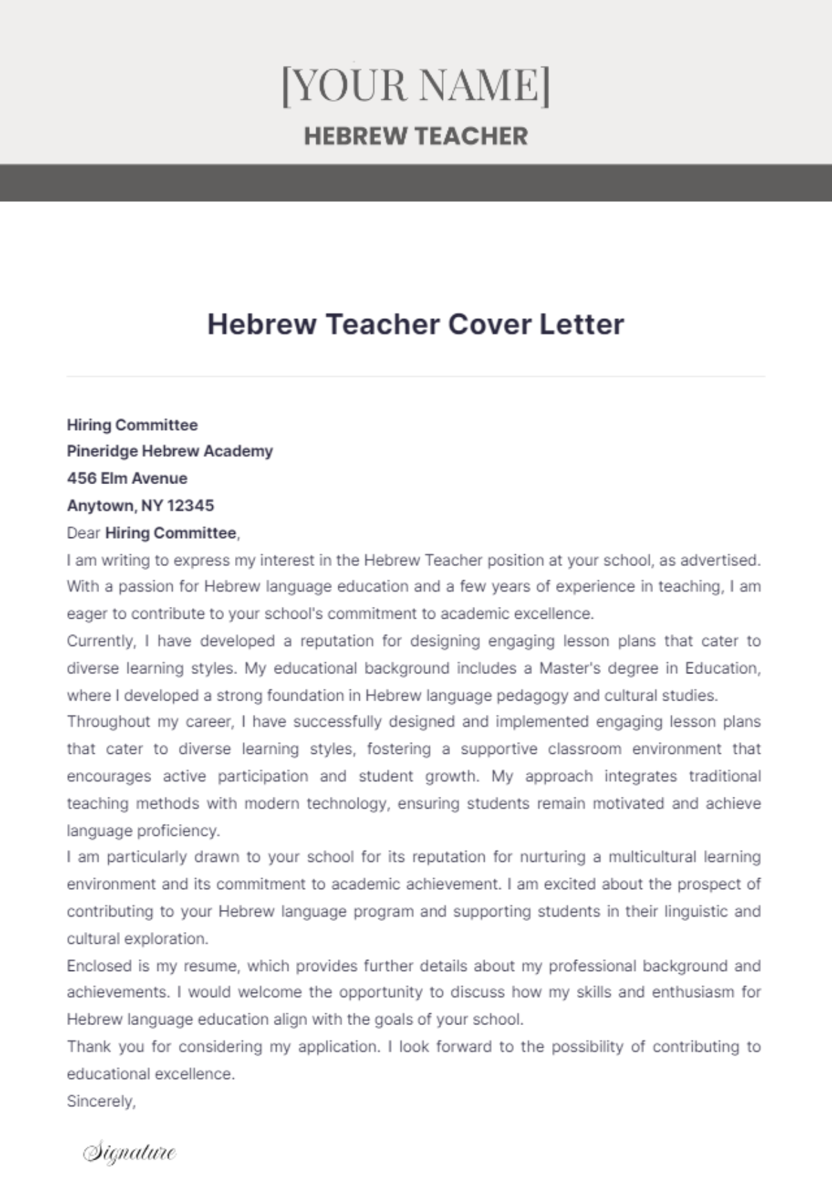 Hebrew Teacher Cover Letter - Edit Online & Download