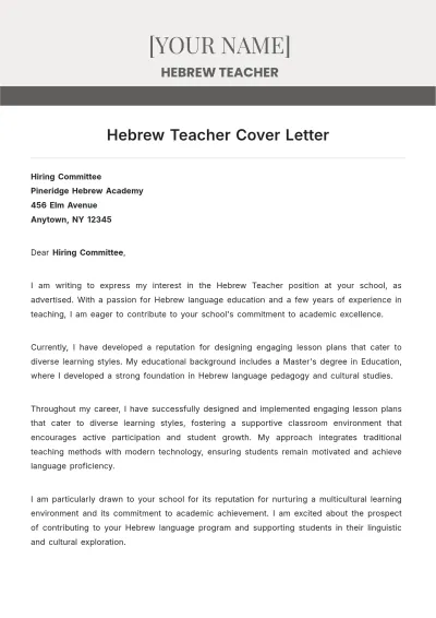 Free Hebrew Teacher Cover Letter to Edit Online