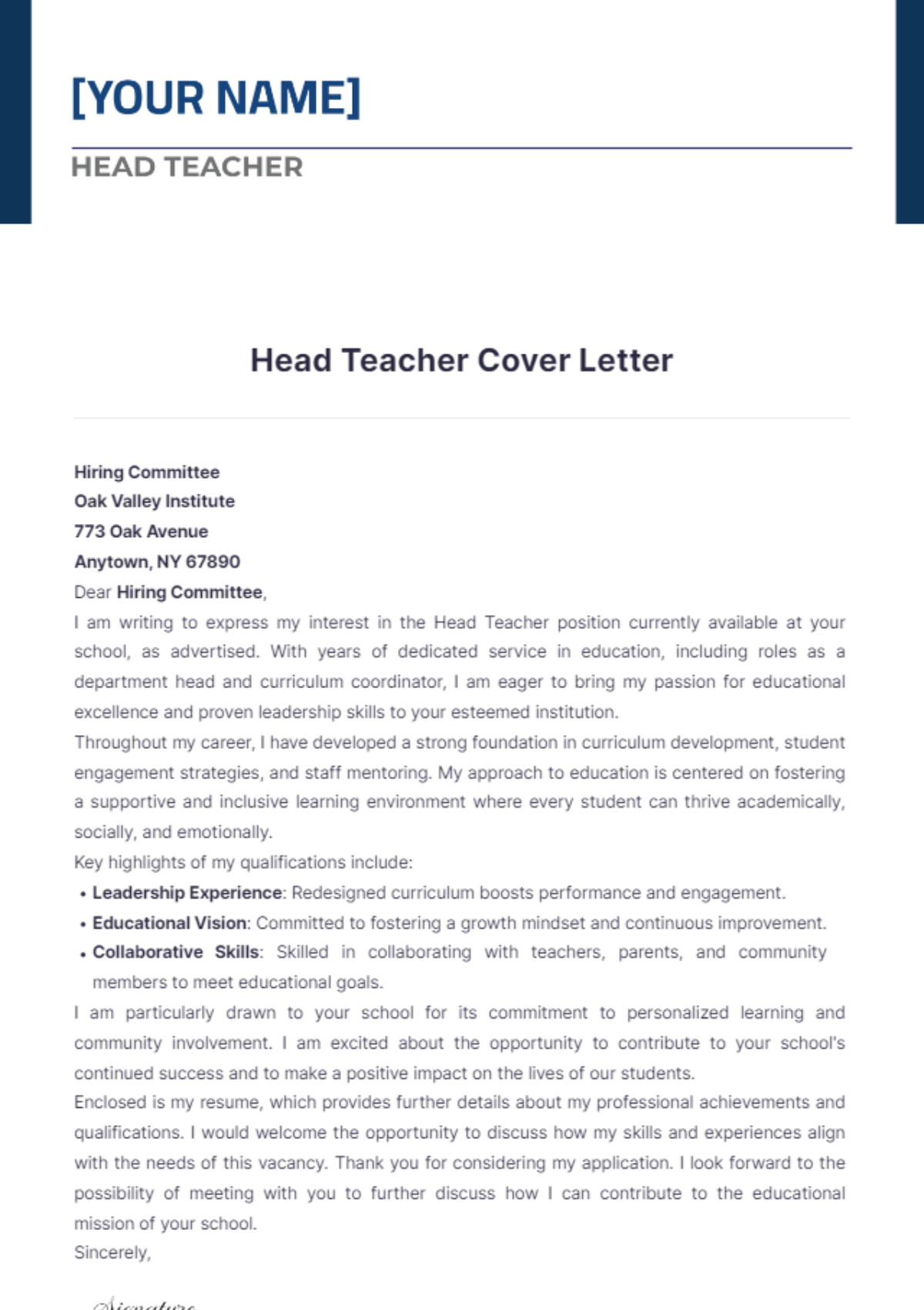 Head Teacher Cover Letter - Edit Online & Download