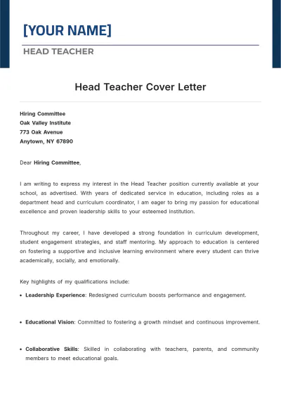 Free Head Teacher Cover Letter to Edit Online