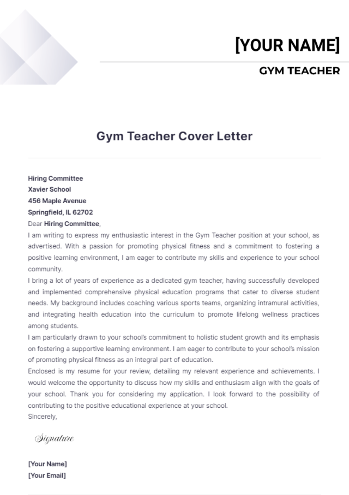 Gym Teacher Cover Letter - Edit Online & Download