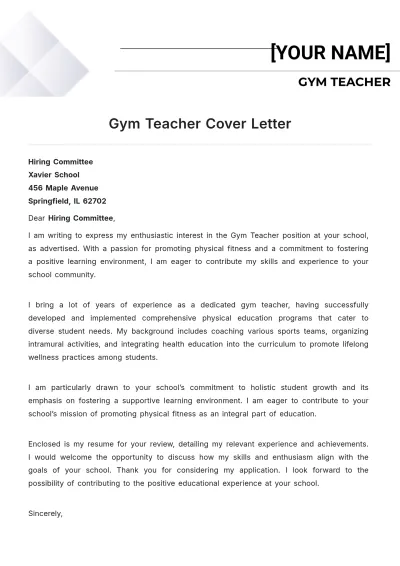 Free Gym Teacher Cover Letter to Edit Online