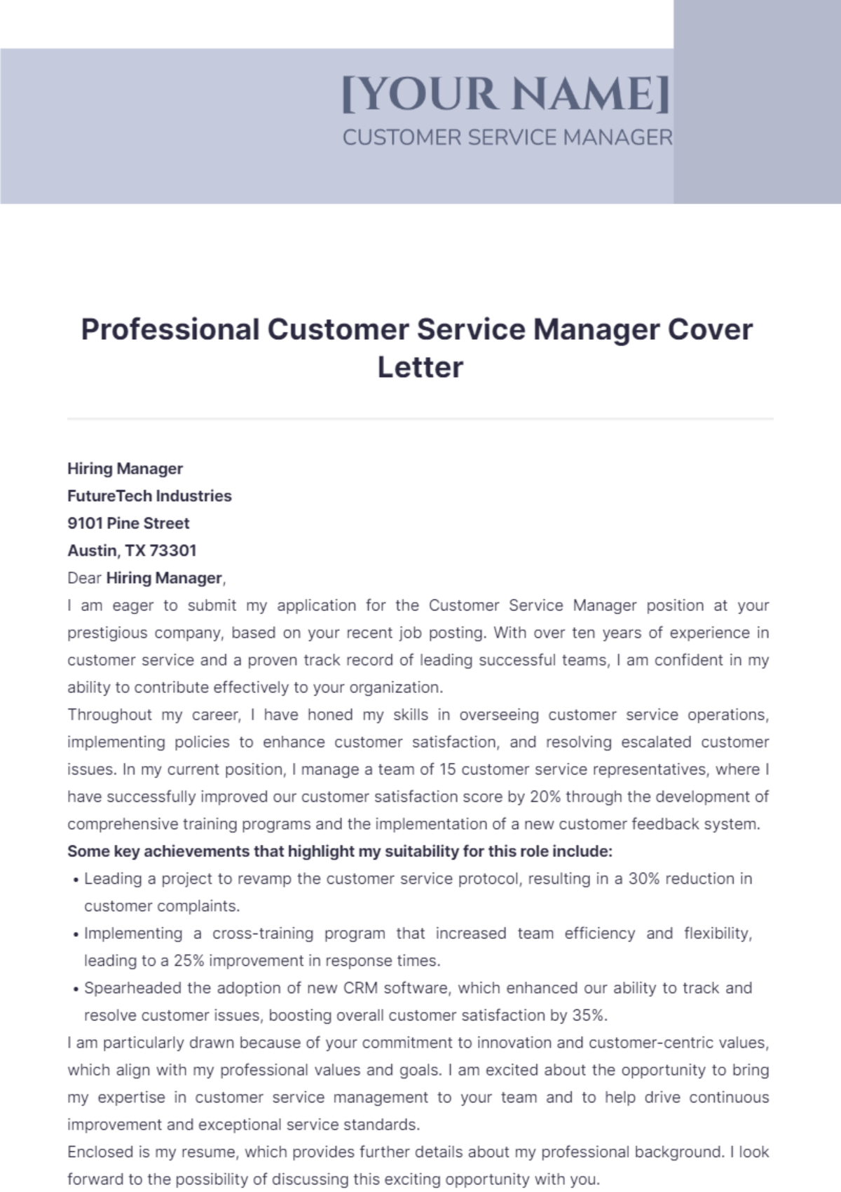 Professional Customer Service Manager Cover Letter - Edit Online & Download