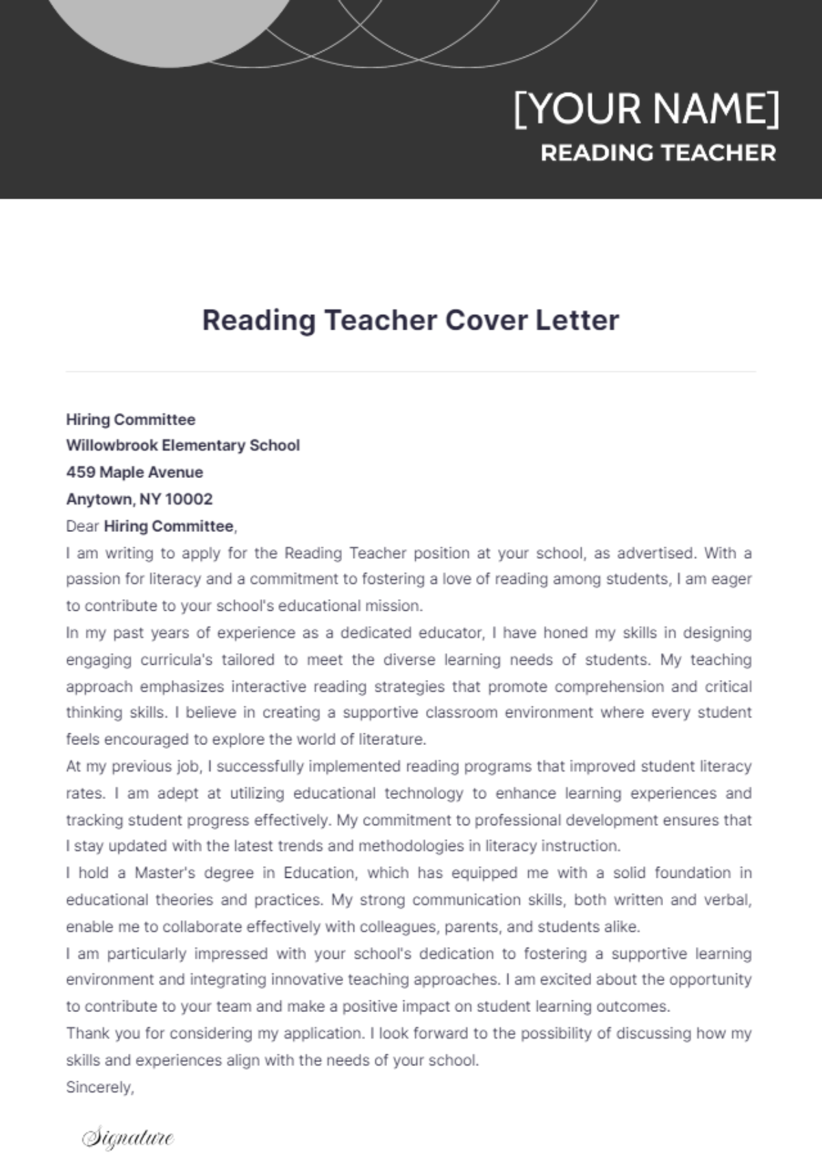 Reading Teacher Cover Letter - Edit Online & Download