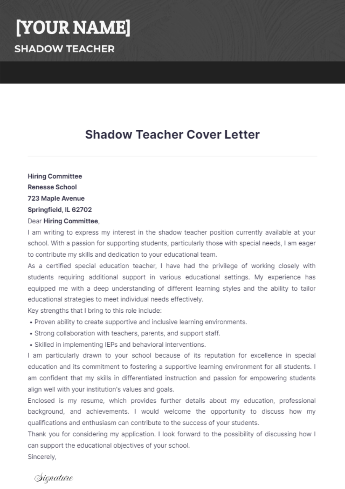 Shadow Teacher Cover Letter - Edit Online & Download