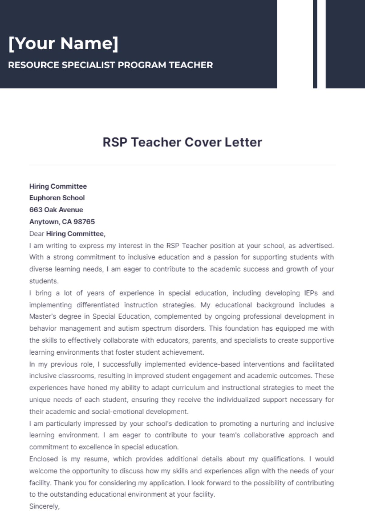 RSP Teacher Cover Letter - Edit Online & Download