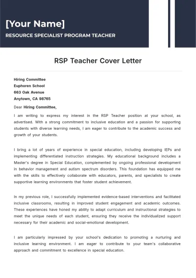 Free RSP Teacher Cover Letter to Edit Online