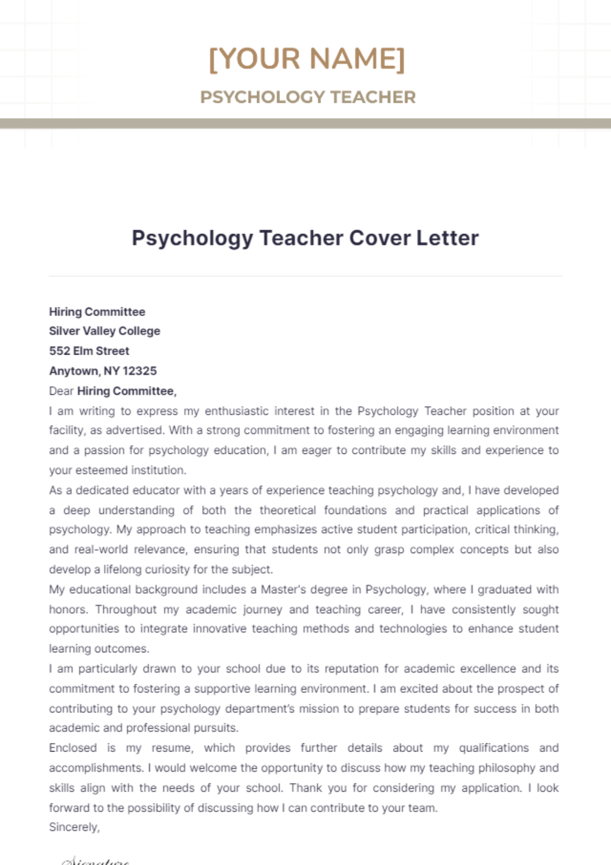 Psychology Teacher Cover Letter - Edit Online & Download