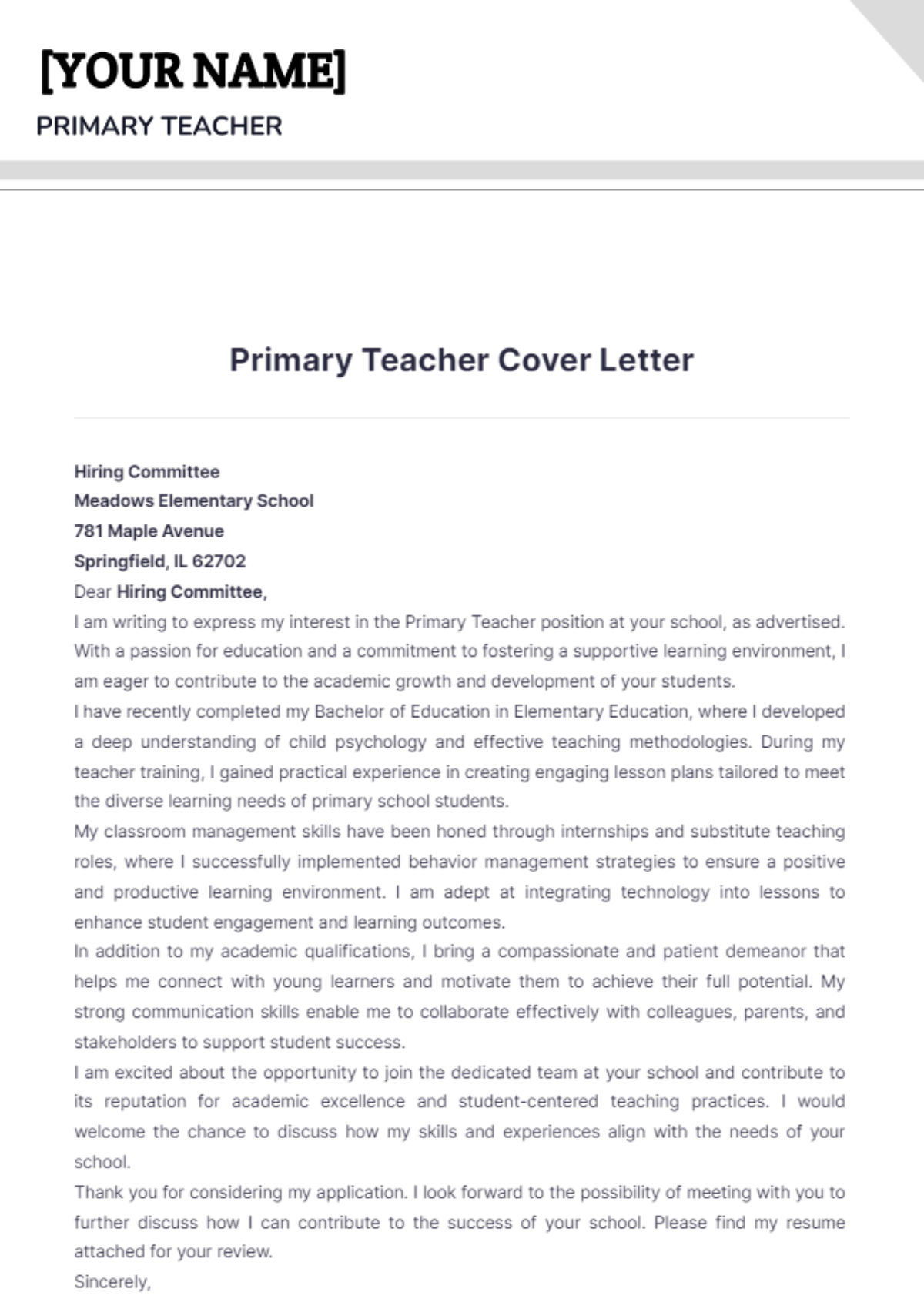 Primary Teacher Cover Letter - Edit Online & Download