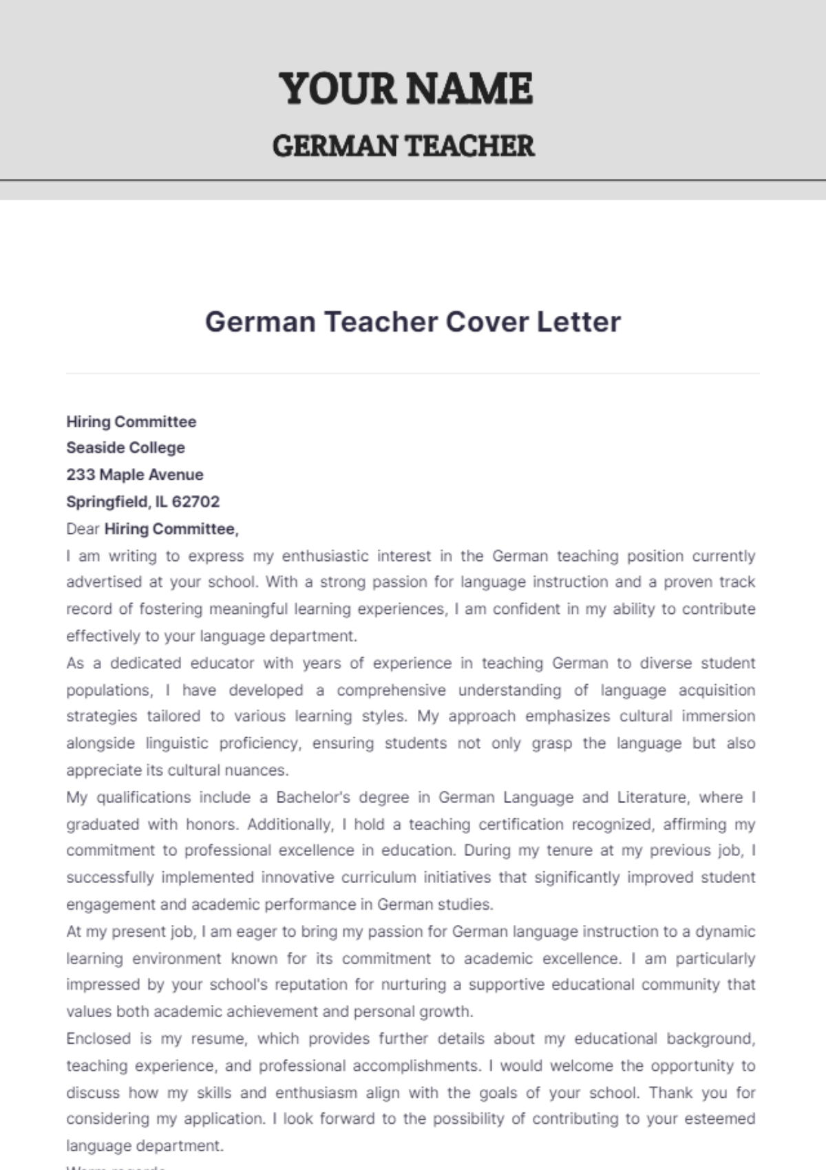 German Teacher Cover Letter - Edit Online & Download