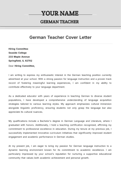 Free German Teacher Cover Letter to Edit Online