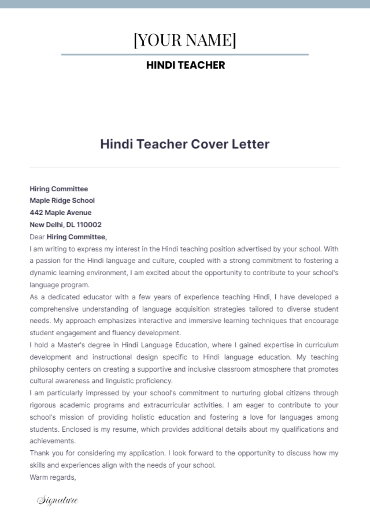 Hindi Teacher Cover Letter - Edit Online & Download