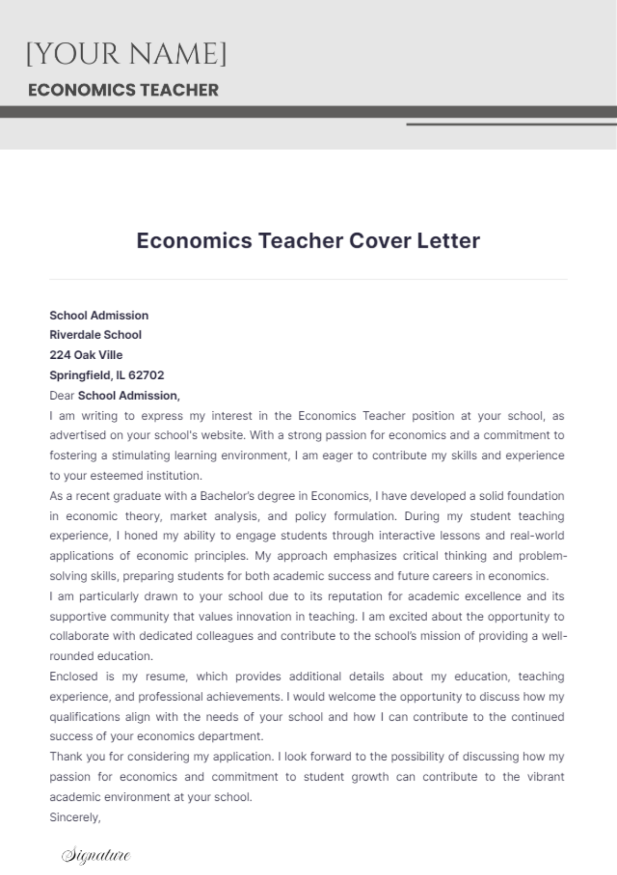 Economics Teacher Cover Letter - Edit Online & Download