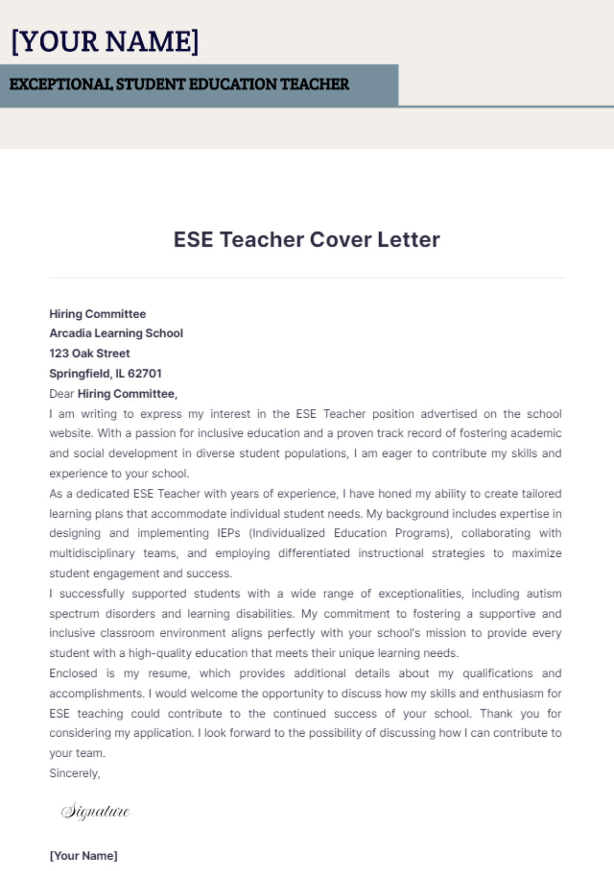 ESE Teacher Cover Letter - Edit Online & Download