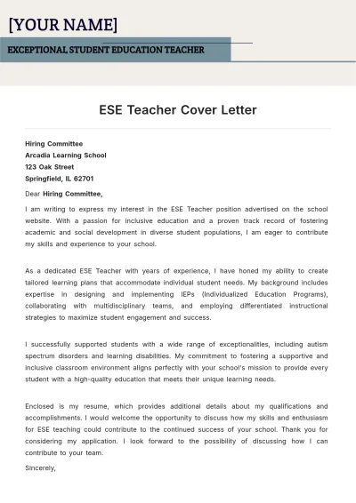 Free ESE Teacher Cover Letter to Edit Online