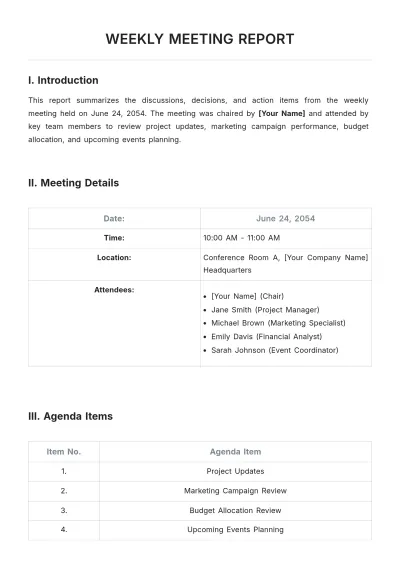 Free Weekly Meeting Report Template to Edit Online