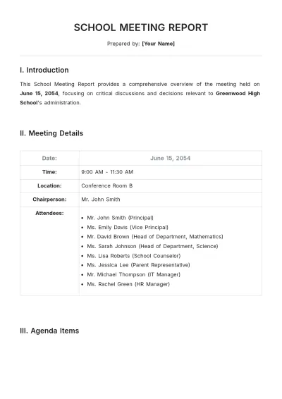 Free School Meeting Report Template to Edit Online