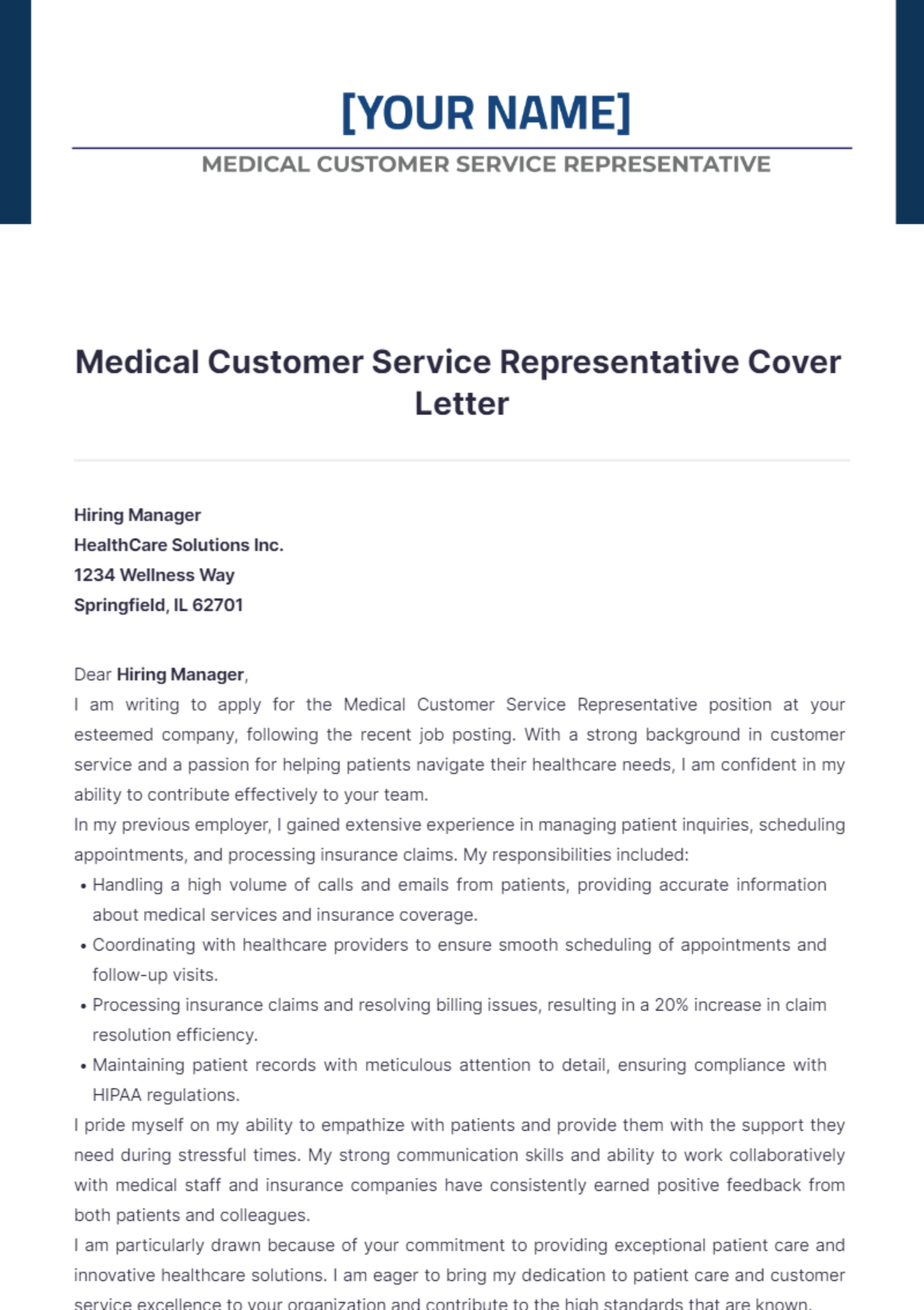 Medical Customer Service Representative Cover Letter - Edit Online & Download