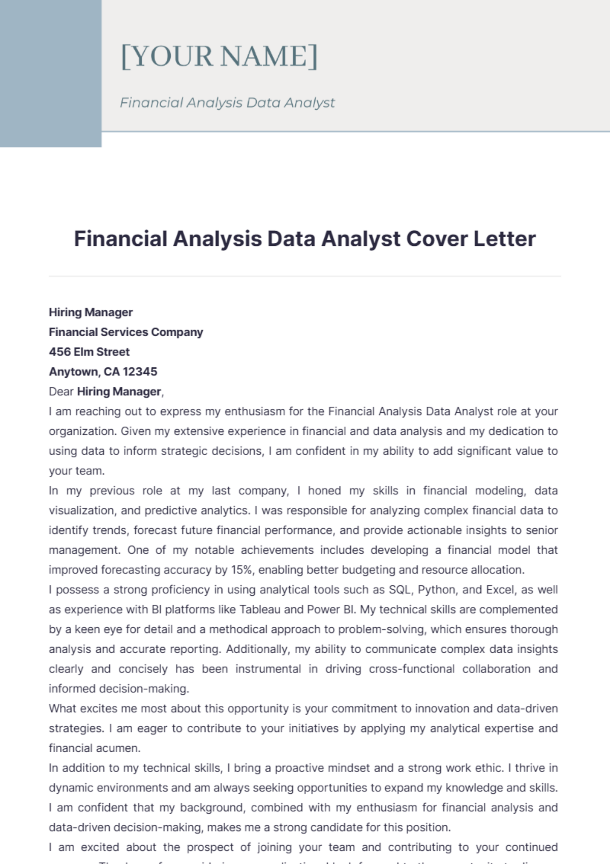 Financial Analysis Data Analyst Cover Letter - Edit Online & Download