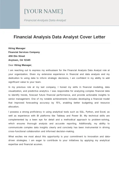 Free Financial Analysis Data Analyst Cover Letter to Edit Online