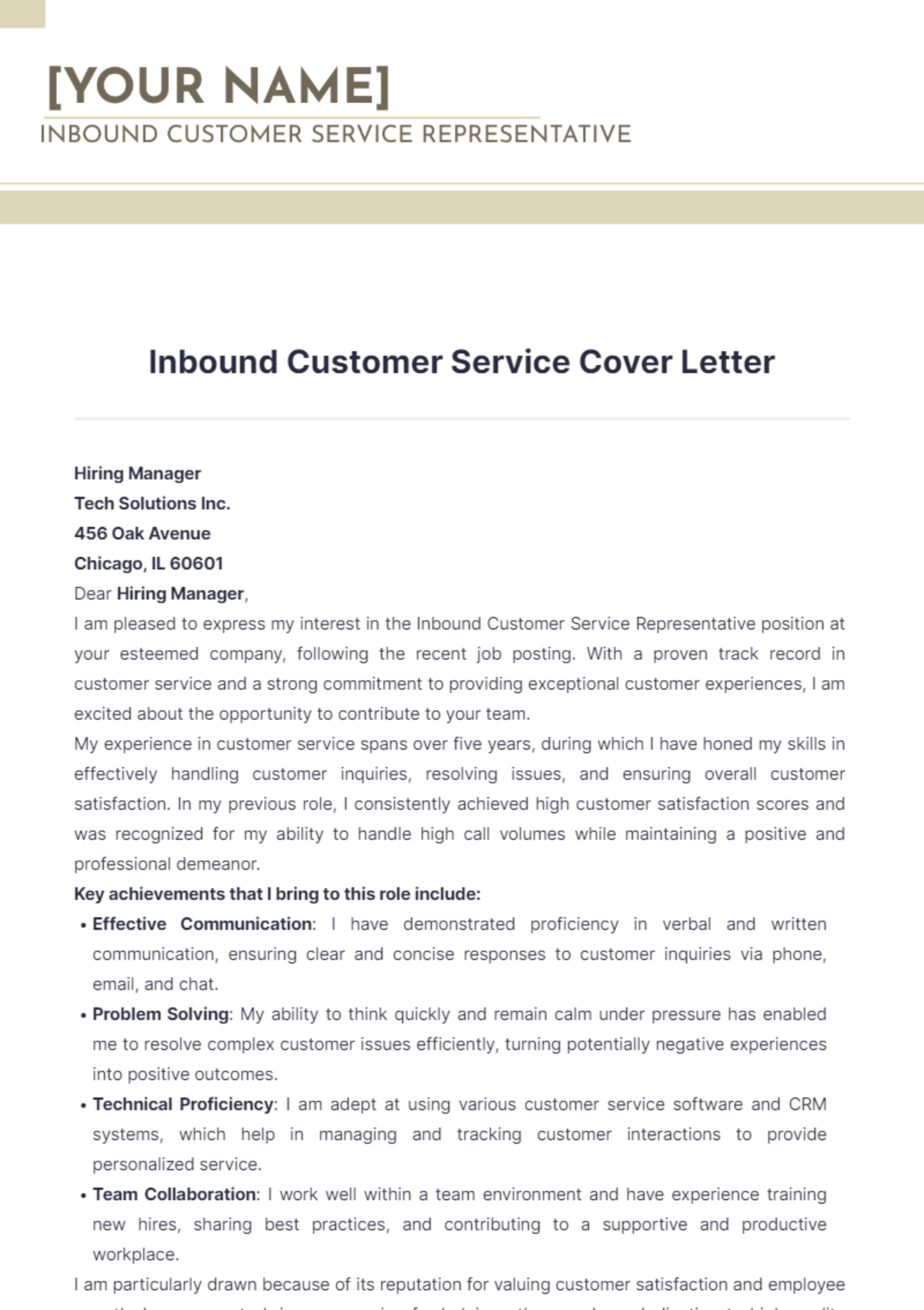 Inbound Customer Service Cover Letter - Edit Online & Download