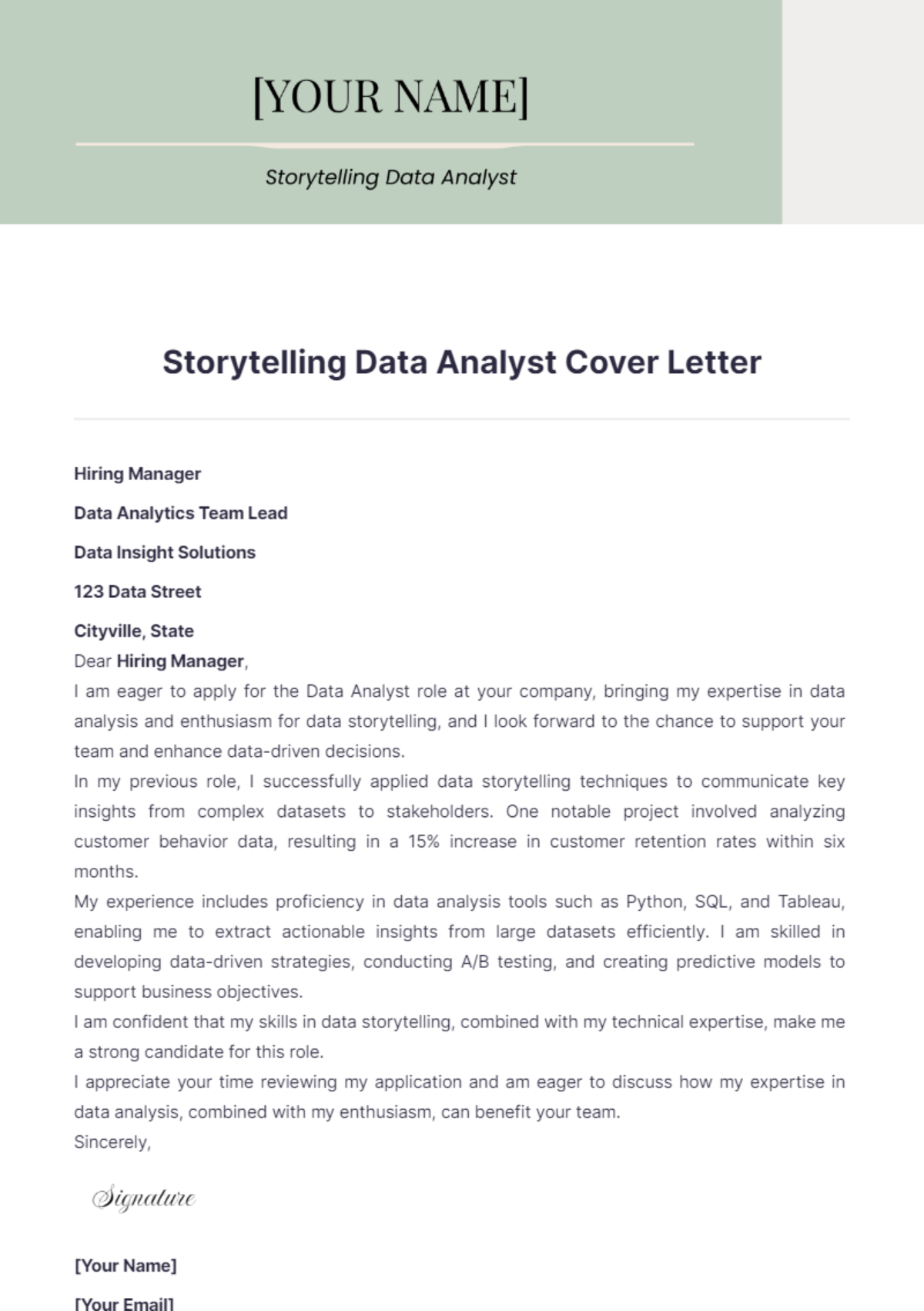 Storytelling Data Analyst Cover Letter - Edit Online & Download