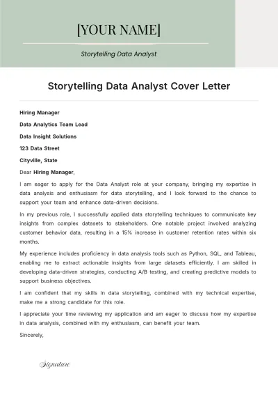 Free Storytelling Data Analyst Cover Letter to Edit Online