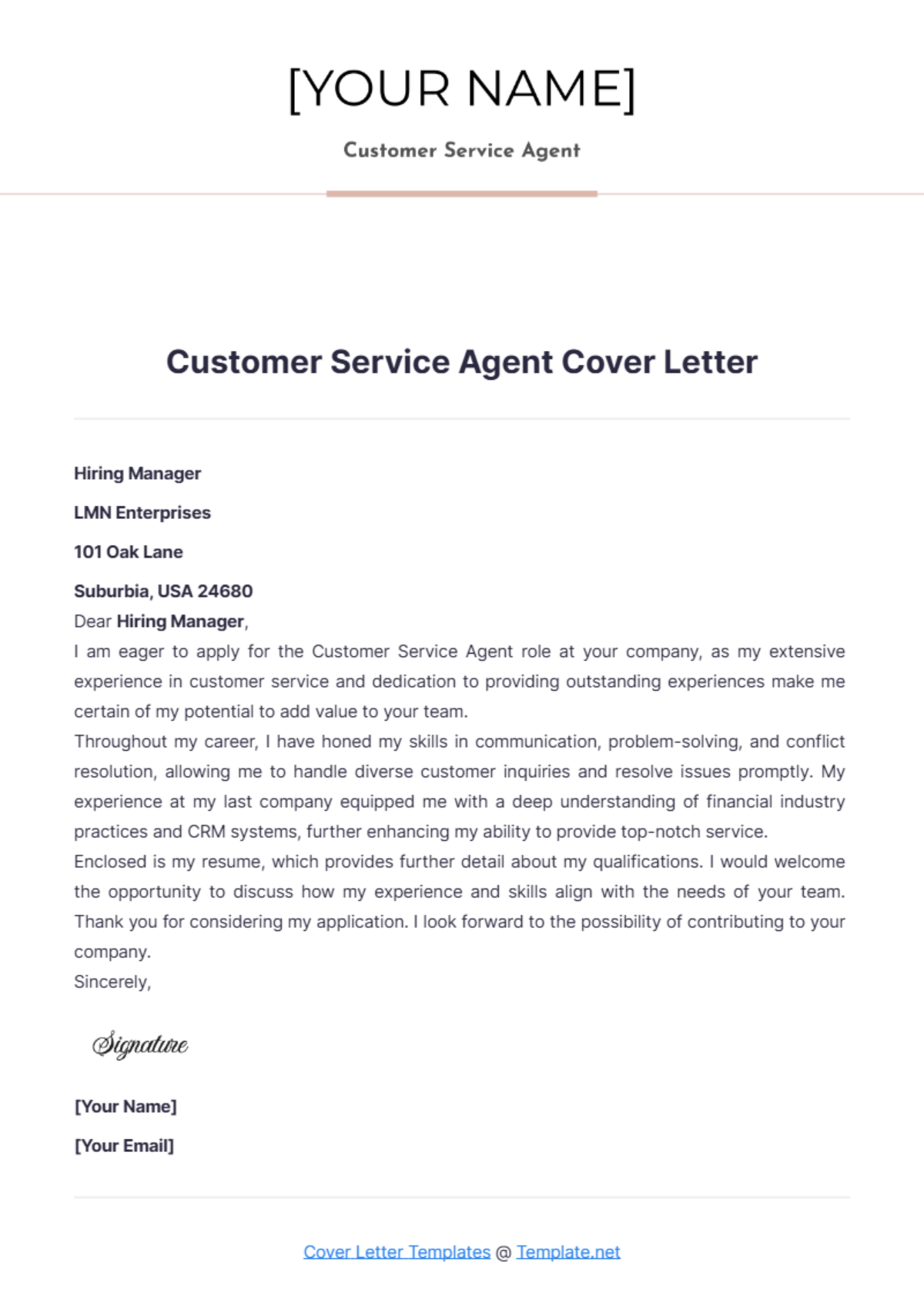 Customer Service Agent Cover Letter - Edit Online & Download