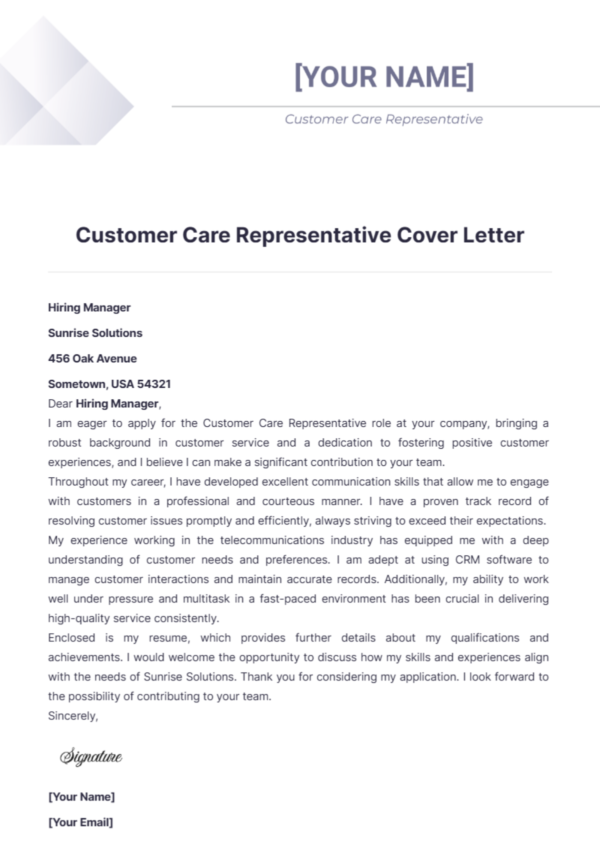 Customer Care Representative Cover Letter - Edit Online & Download