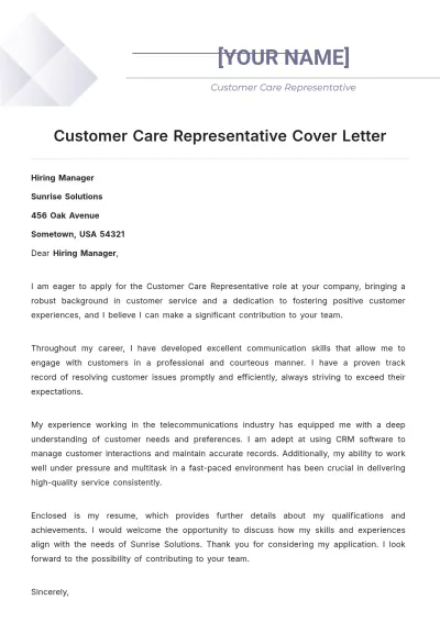 Free Customer Care Representative Cover Letter to Edit Online
