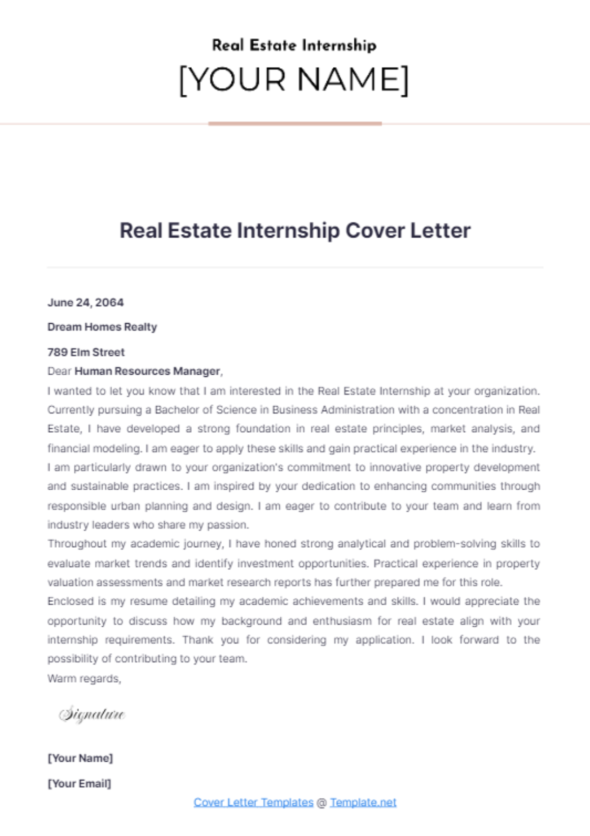 Real Estate Internship Cover Letter - Edit Online & Download