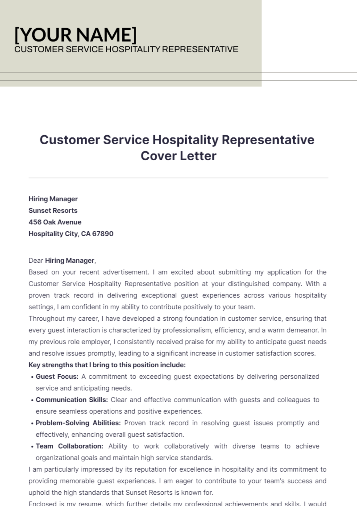 Customer Service Hospitality Representative Cover Letter - Edit Online & Download