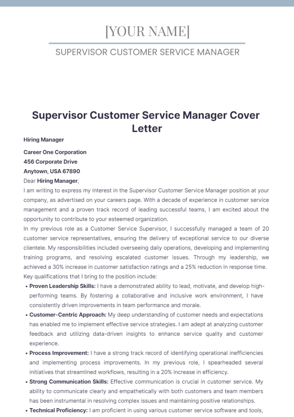 Supervisor Customer Service Manager Cover Letter - Edit Online & Download