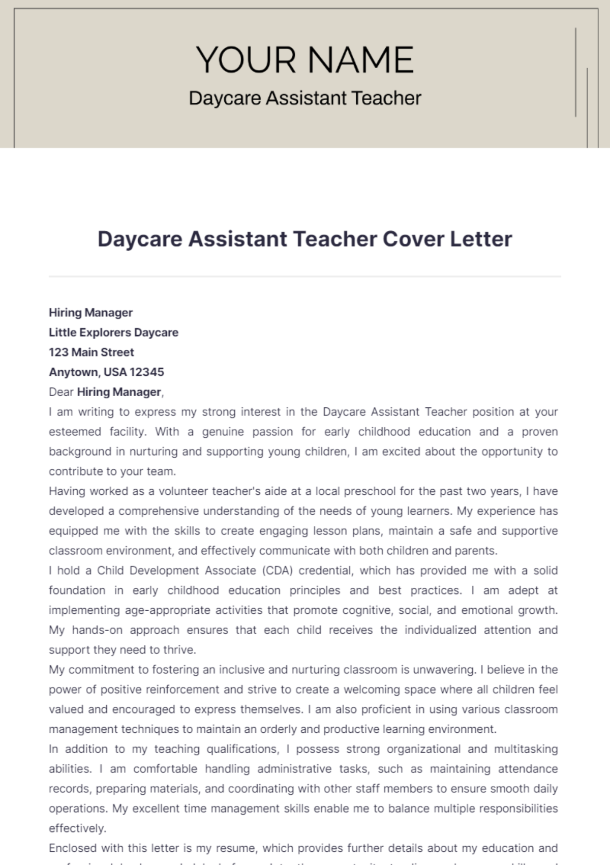 Daycare Assistant Teacher Cover Letter - Edit Online & Download