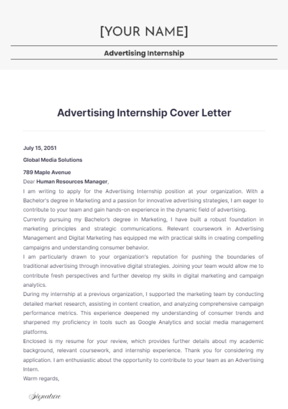 Advertising Internship Cover Letter - Edit Online & Download