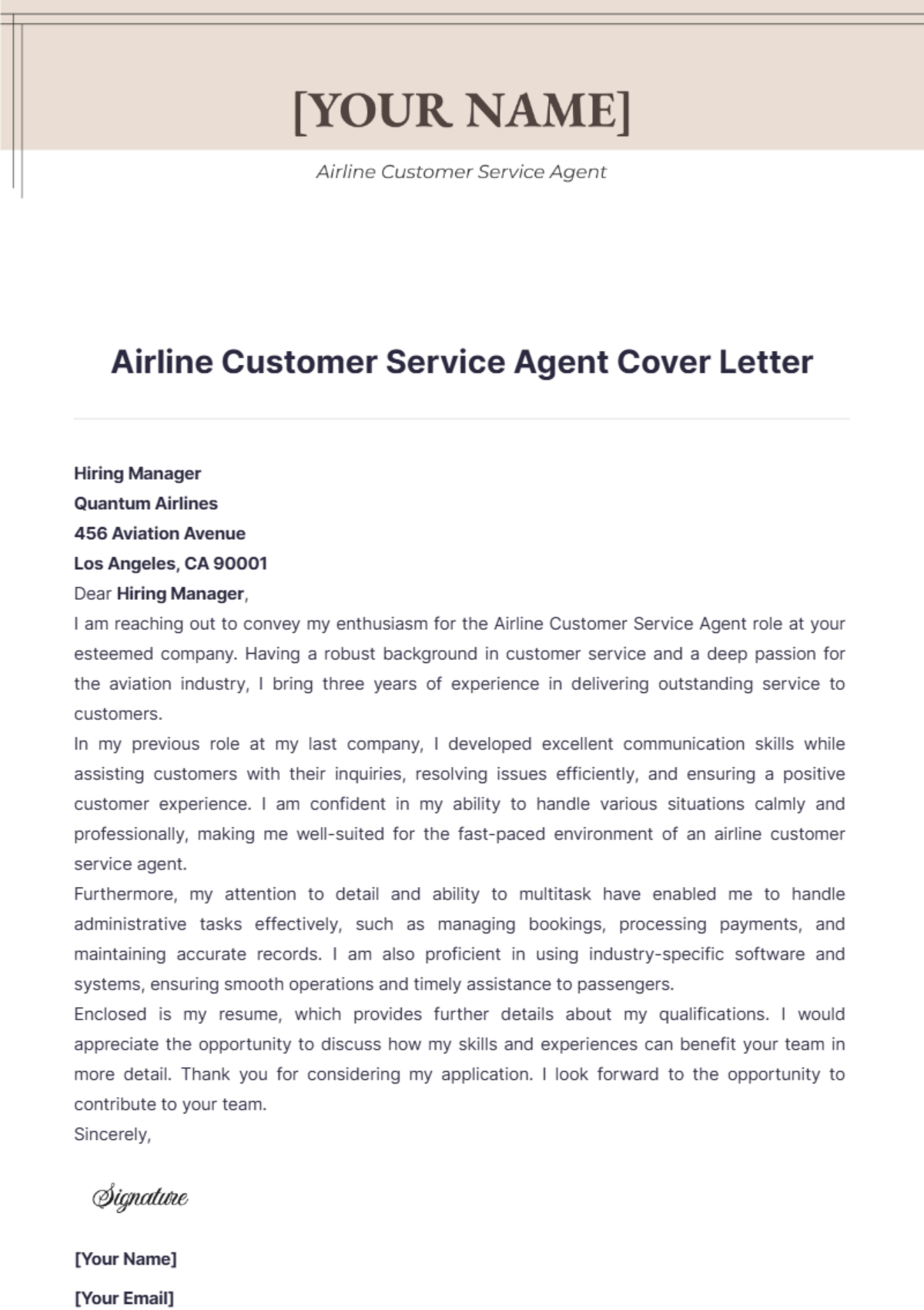 Airline Customer Service Agent Cover Letter - Edit Online & Download