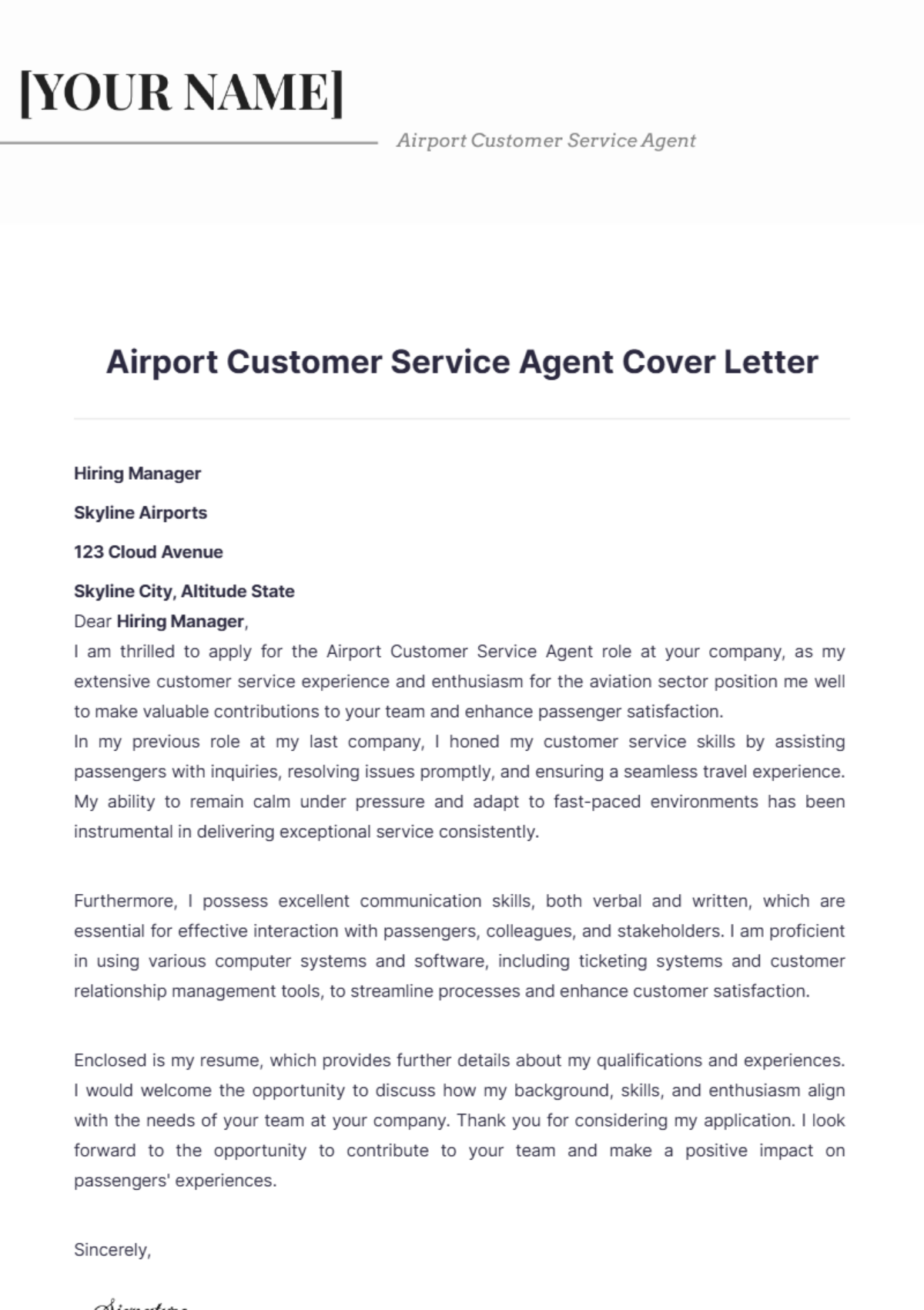 Airport Customer Service Agent Cover Letter - Edit Online & Download