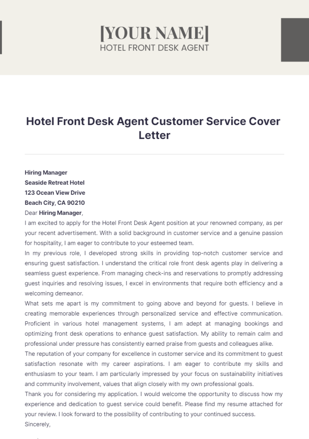 Hotel Front Desk Agent Customer Service Cover Letter - Edit Online & Download