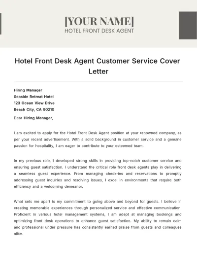 Free Hotel Front Desk Agent Customer Service Cover Letter to Edit Online