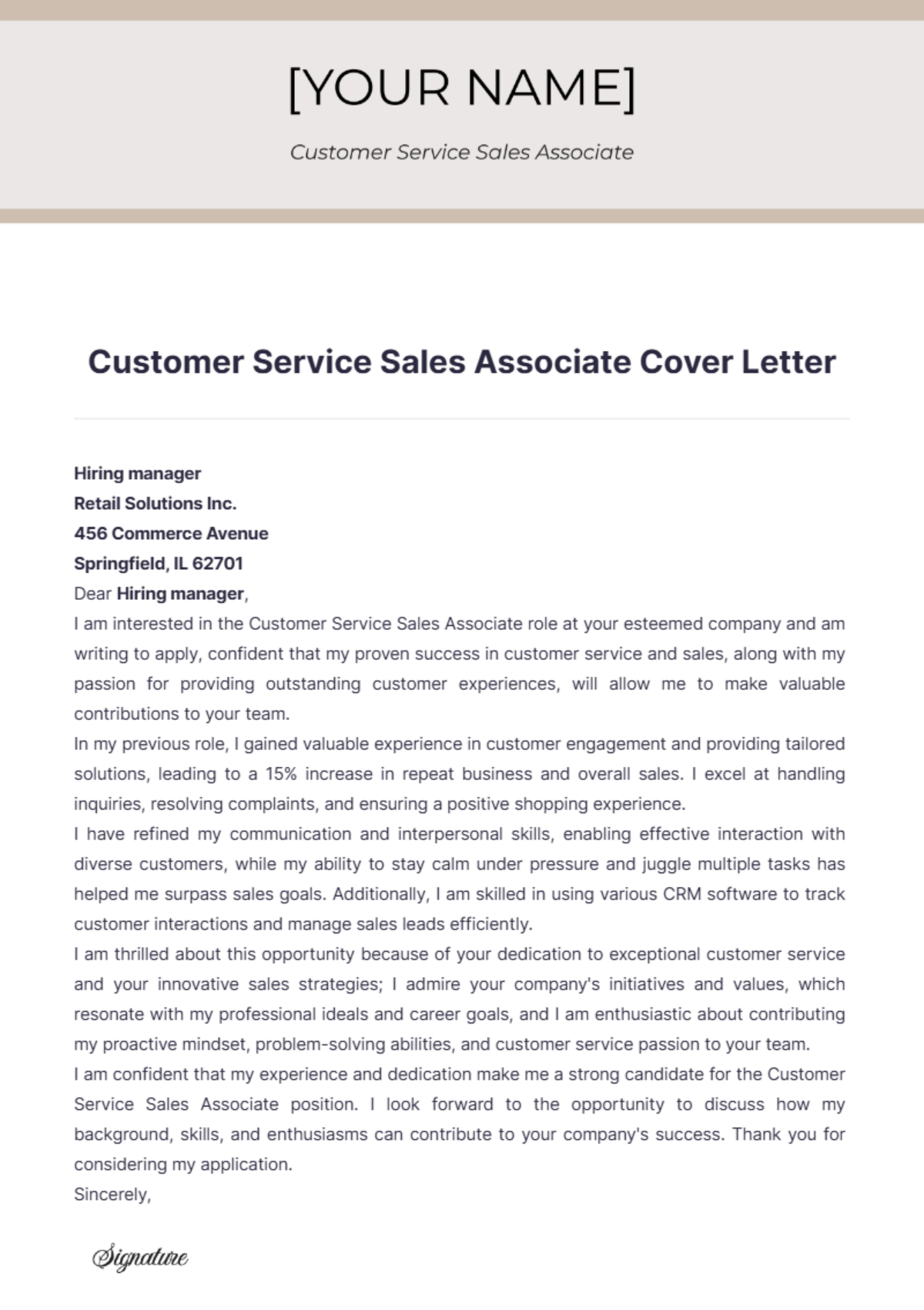 Customer Service Sales Associate Cover Letter - Edit Online & Download