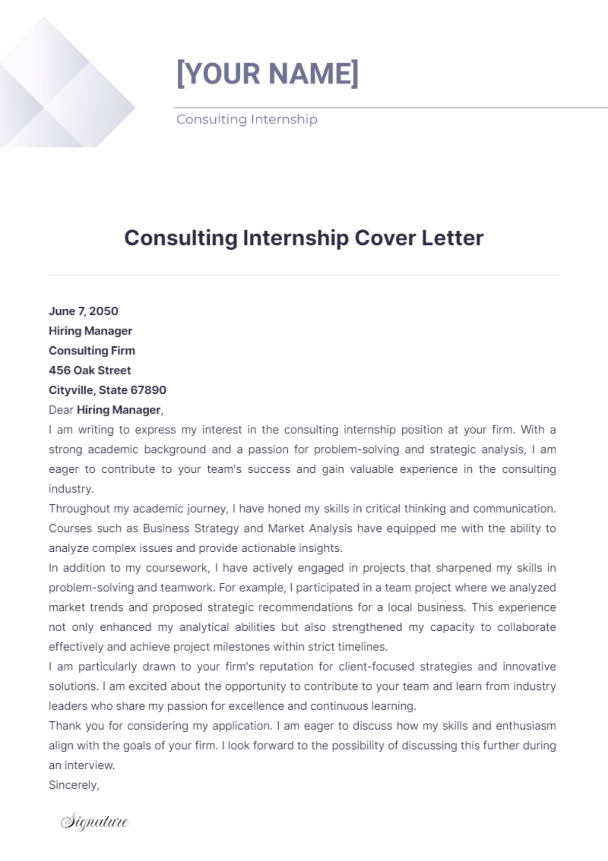 Consulting Internship Cover Letter - Edit Online & Download