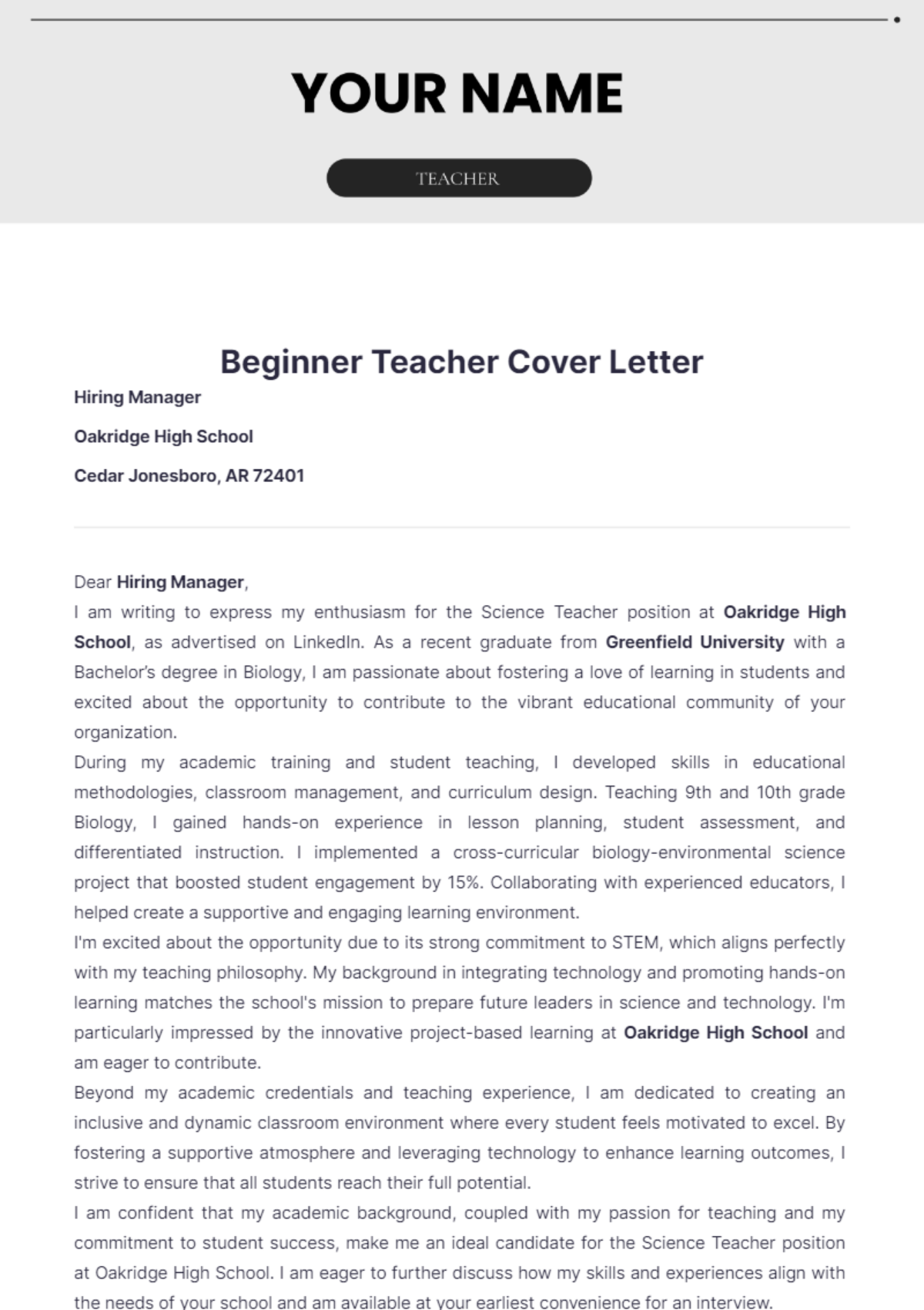 Beginner Teacher Cover Letter - Edit Online & Download