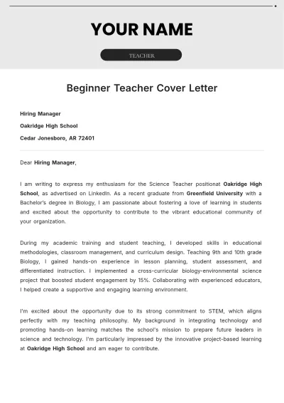 Free Beginner Teacher Cover Letter to Edit Online