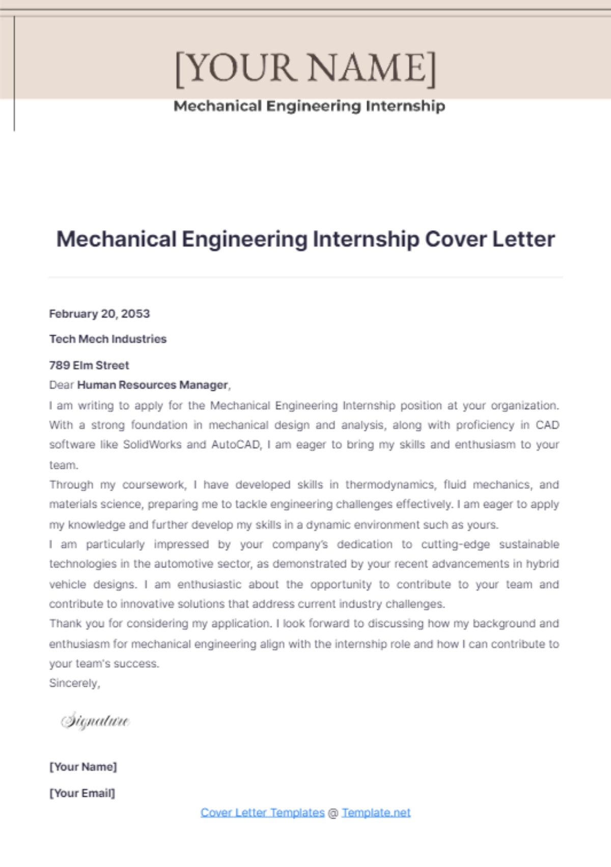 Mechanical Engineering Internship Cover Letter - Edit Online & Download