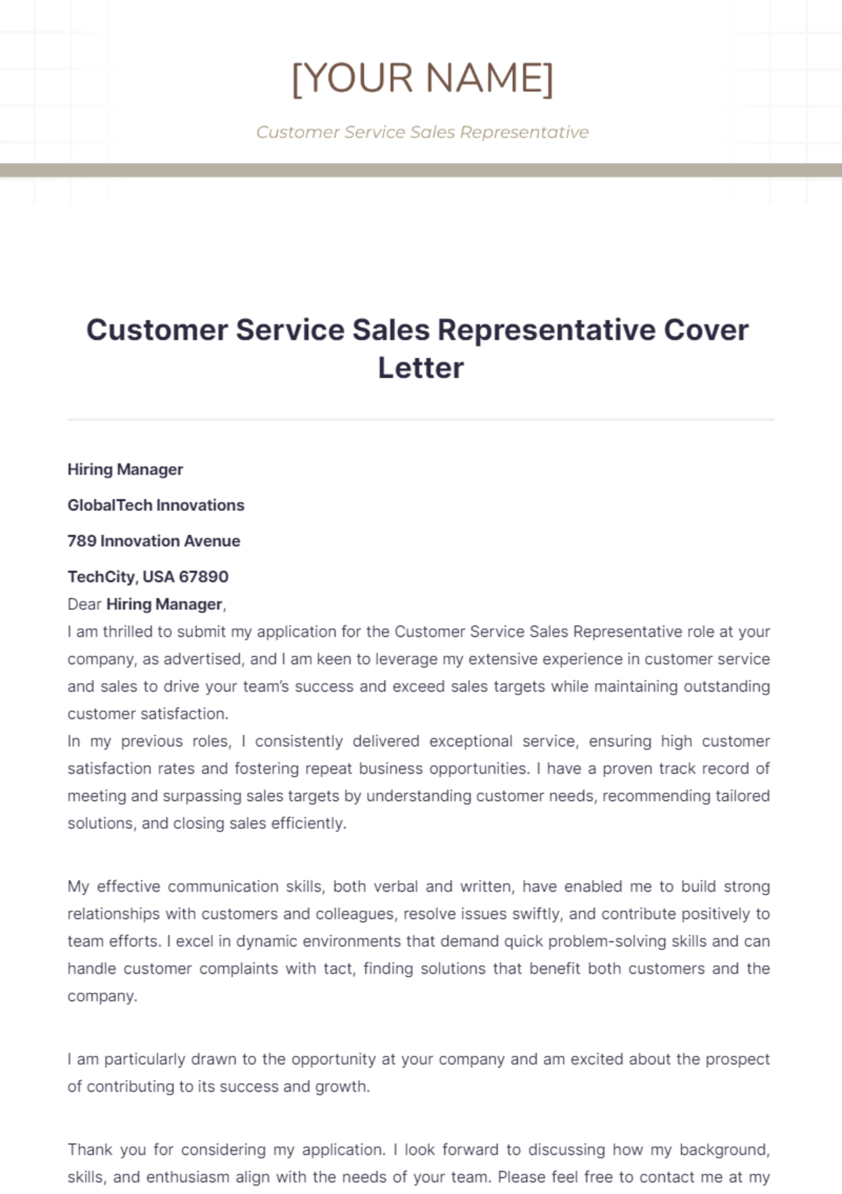 Customer Service Sales Representative Cover Letter - Edit Online & Download