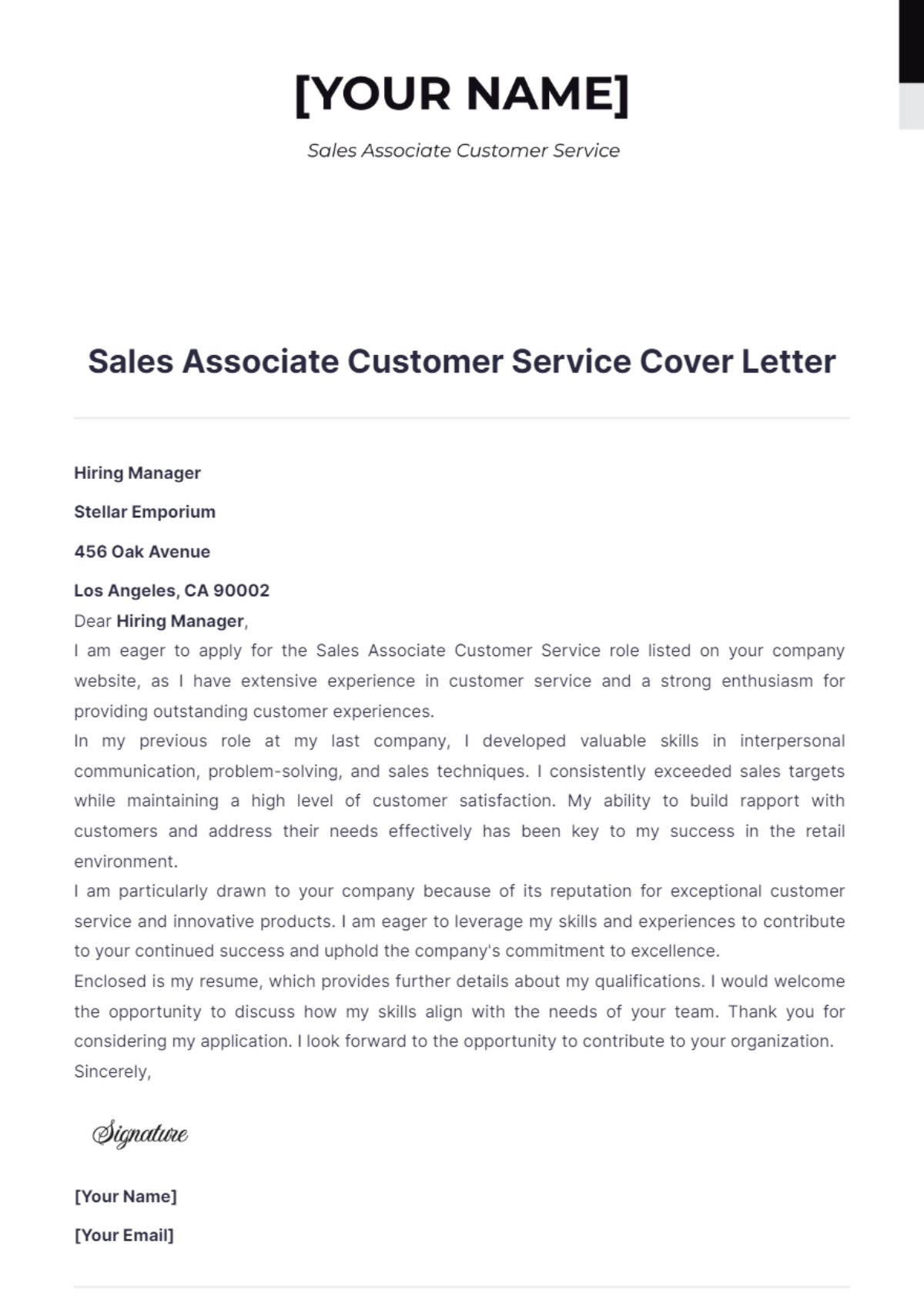 Sales Associate Customer Service Cover Letter - Edit Online & Download