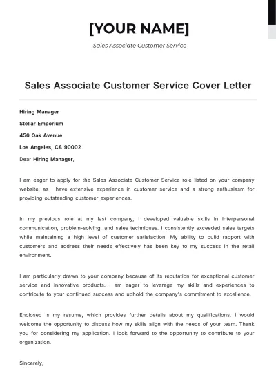 Free Sales Associate Customer Service Cover Letter to Edit Online