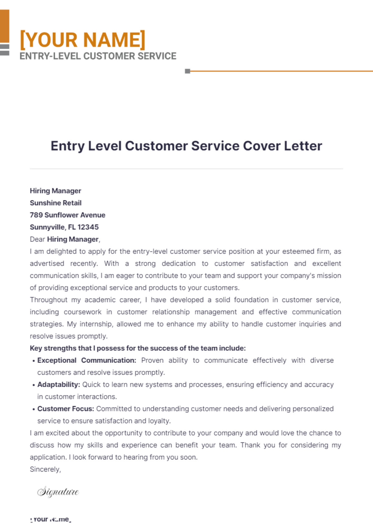 Entry Level Customer Service Cover Letter - Edit Online & Download