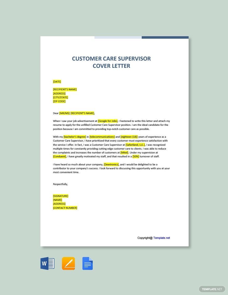 Customer Care Supervisor Cover Letter